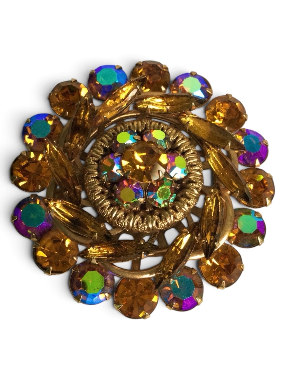 Vintage Amber & AB Crystal Rhinestone Layered Domed Cluster Brooch - Picture 5 of 13
